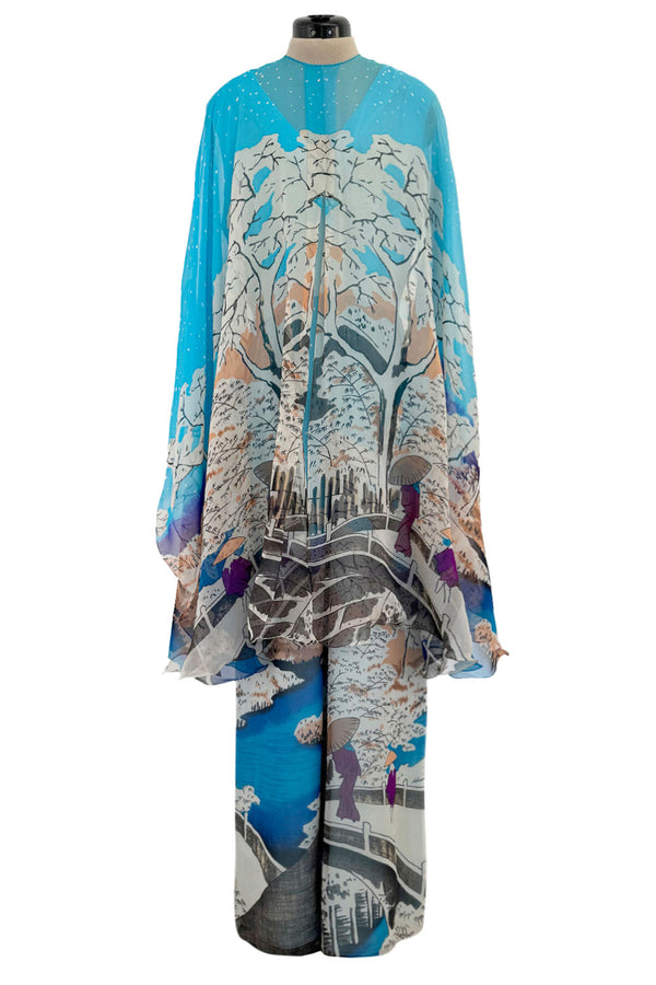 Amazing 1970s Hanae Mori Couture Silk Chiffon Scene Print Jumpsuit w Matching Cape Overlay