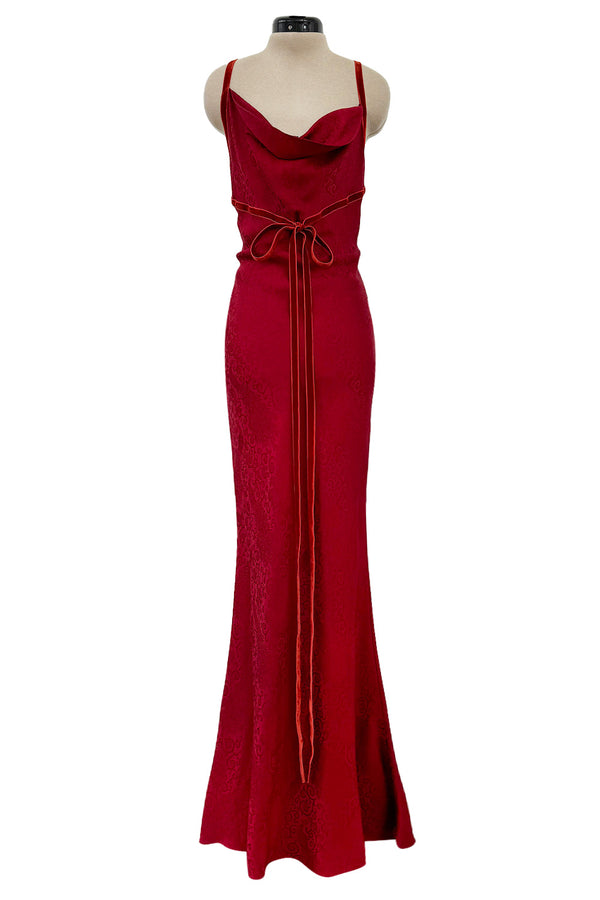 Exquisite Fall 1999 John Galliano Deep Red Bias Cut Patterned Silk Backless Dress w Velvet Ribbon Details