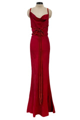 Exquisite Fall 1999 John Galliano Deep Red Bias Cut Patterned Silk Backless Dress w Velvet Ribbon Details