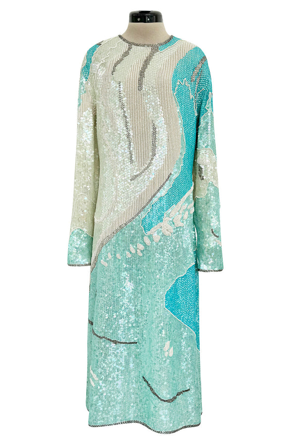 Spectacular 1983 Halston Well Documented Pastel Blues, Turquoise & Ivory Sequin Sheath Dress