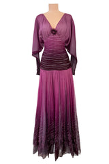 Rare 1970s Bill Gibb Deep Pink Ombre Hand Dyed Silk Chiffon Dress w Fused Glitter Detailing