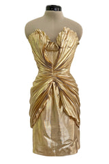 Outstanding Spring 1986 Thierry Mugler Pleated Metallic Gold Lurex Pleated Strapless Bodice 'Shell' Dress