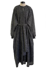 Amazing 1970s Kay Cosserat Hand Knit / Handmade Grey Angora Silk Mohair Caftan Dress w Belt