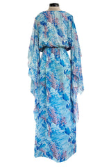 Dreamy 1970s Pierre Cardin Blue Floral Print Silk Chiffon Dress w Long Angel Sleeves