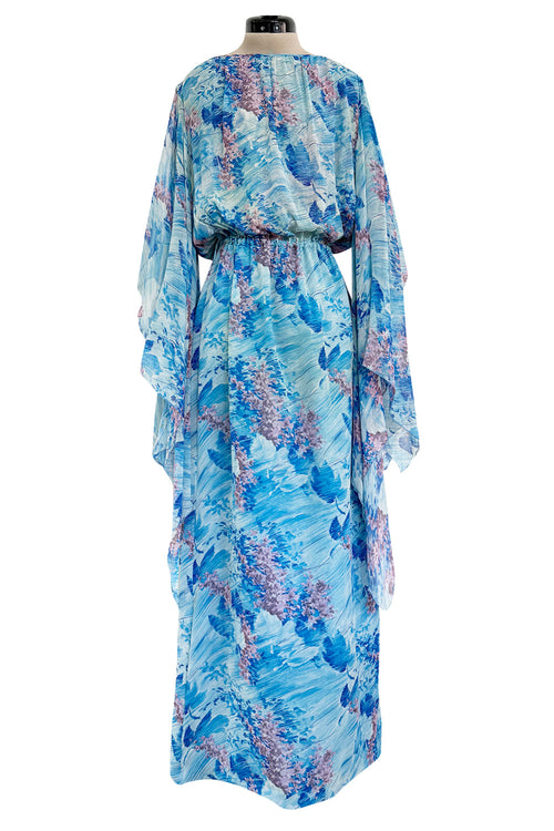 Dreamy 1970s Pierre Cardin Blue Floral Print Silk Chiffon Dress w Long Angel Sleeves