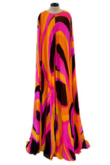 Spectacular c.1972 La Mendola Brilliant Pink, Orange, Tangerine & Black Silk Chiffon Caftan w Floor Length Cape Sleeves Sleeves
