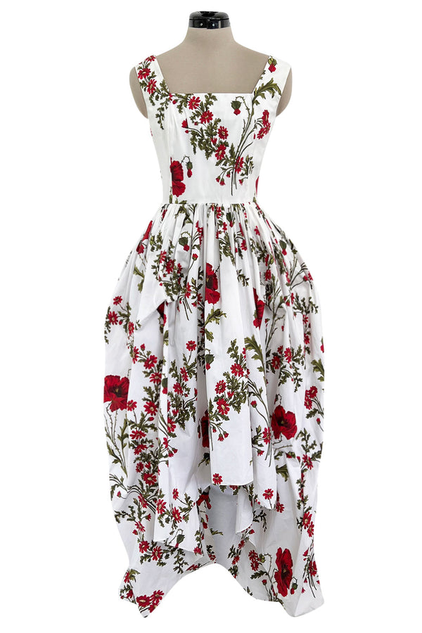 Pretty Spring 2019 Alexander McQueen by Sarah Burton Crisp White Cotton & Red Floral Print Dress