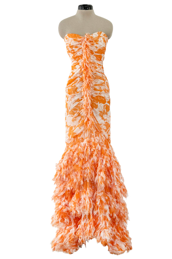 Exceptional Spring 2004 Oscar de la Renta Runway Printed Silk Chiffon Dress w Ruffle Skirt