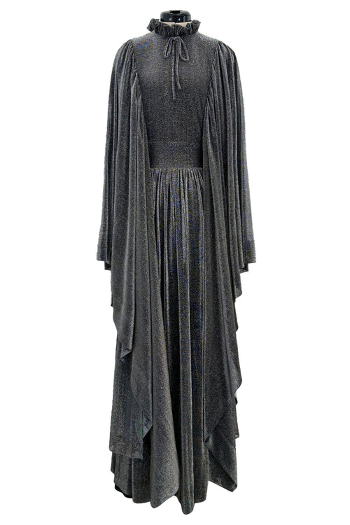 Spectacular 1970s Gina Fratini Metallic Deep Silver Lame Dress w Ruffle Collar &  Angel Sleeves