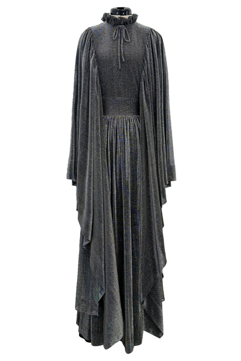 Spectacular 1970s Gina Fratini Metallic Deep Silver Lame Dress w Ruffle Collar &  Angel Sleeves