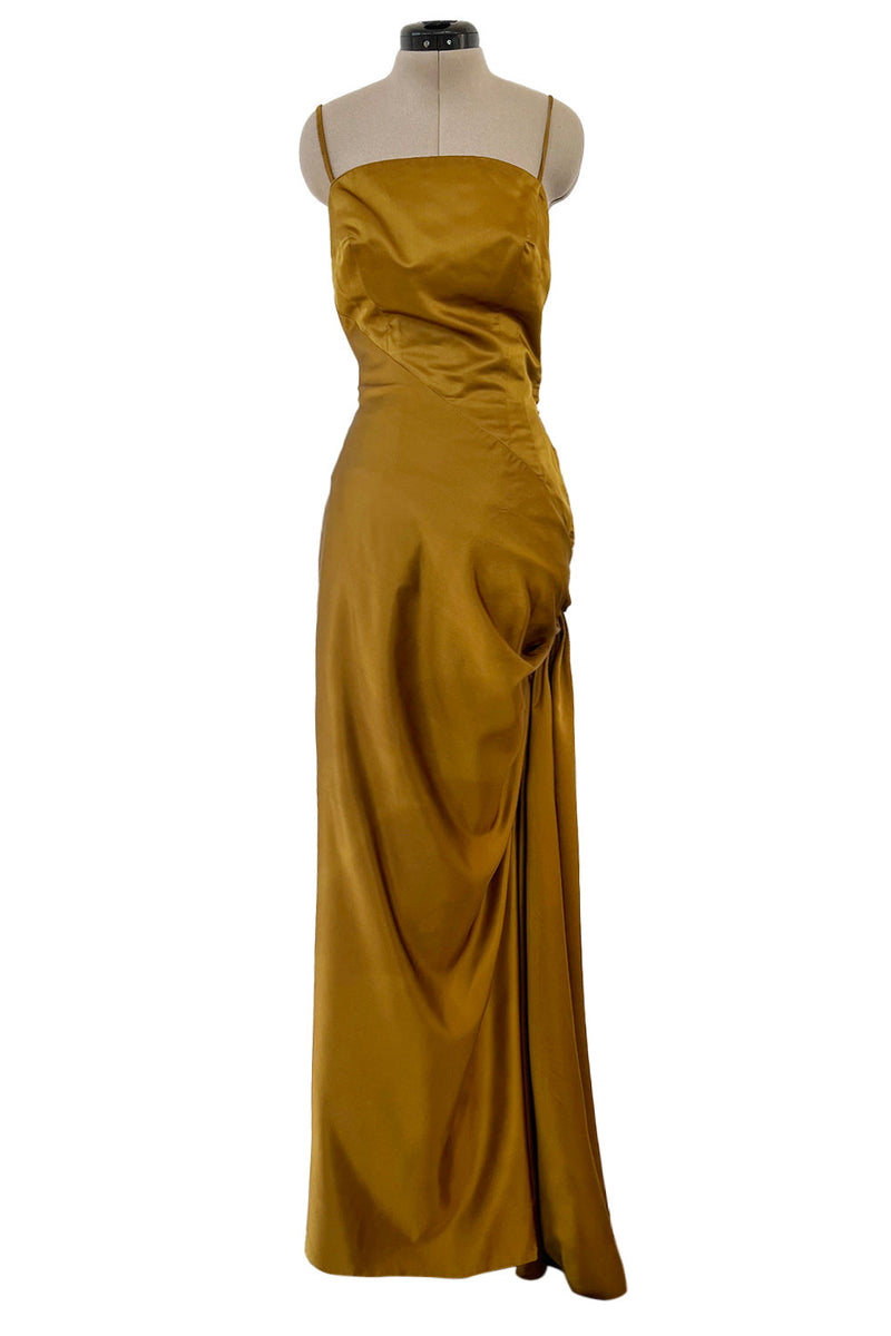 Stunning 1968 Mr Blackwell Custom Deep Copper Gold Silk Dress w Hip Swag & Flower Pin