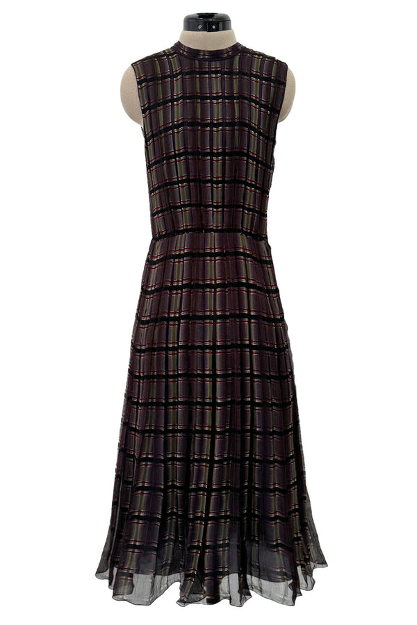 Prettiest Spring 2004 Prada Runway Look 31 Feather Light Grey & Green Silk Chiffon Plaid Dress