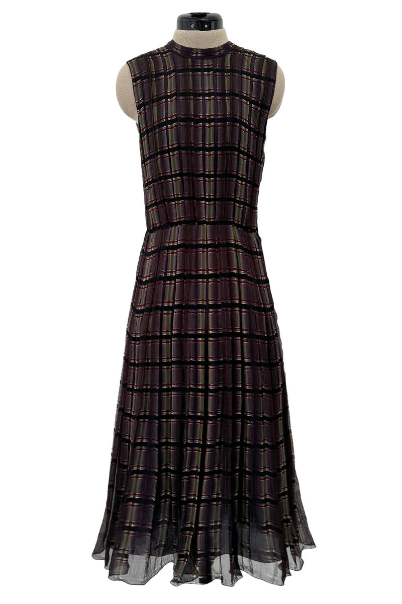 Prettiest Spring 2004 Prada Runway Look 31 Feather Light Grey & Green Silk Chiffon Plaid Dress