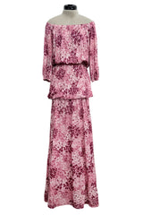 Gorgeous Spring 1976 Yves Saint Laurent Runway Pink Floral Silk Jersey Off Shoulder Dress
