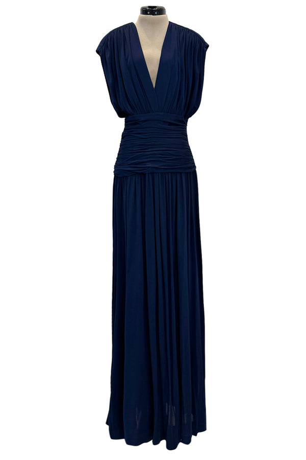 Resort 1986 Yves Saint Laurent Deep Plunge Front Blue Draped Silk Jersey Dress