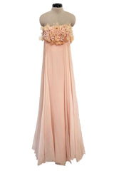 Prettiest 1960s Unlabeled Pale Pink Strapless Dress w Silk Chiffon & Flower Detailed Bodice