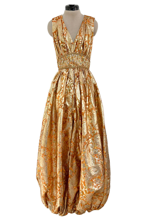 Incredible 1960s Unlabeled Gold Metallic Brocade Pouf Leg Jumpsuit w Gold Cord & Bead Detailing