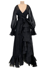 Prettiest 1970s Bill Blass Black Silk Organza Dress w Extensive Ruffle Detailing & Full Puff Sleeves