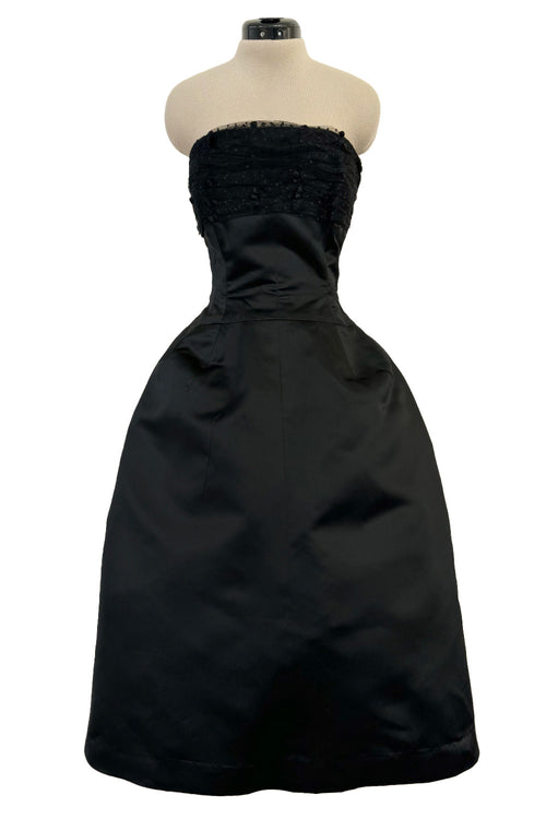 Extraordinary Winter 1954 Cristobal Balenciaga Haute Couture Strapless Black Silk Dress w Lace Bodice