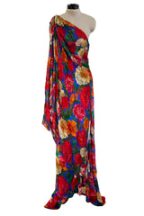 Exquisite Fall 1997 Yves Saint Laurent Brilliant Multi Floral Printed Silk Chiffon Bias Cut & Draped One Shoulder Dress