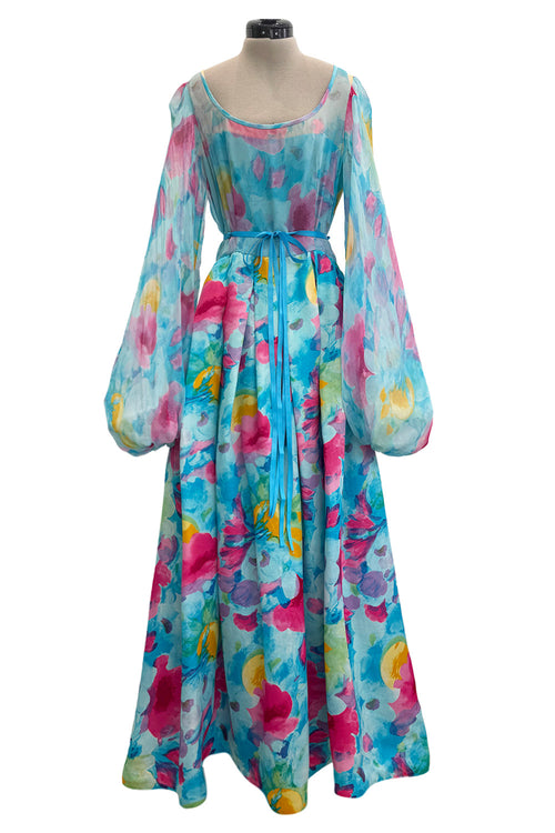 Prettiest 1970s Richilene Pastel Turquoise & Pink Floral Print Silk & Silk Chiffon Dress w Balloon Sleeves