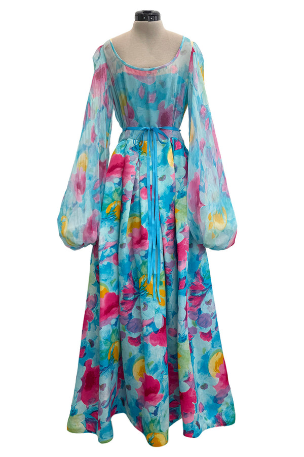 Prettiest 1970s Richilene Pastel Turquoise & Pink Floral Print Silk & Silk Chiffon Dress w Balloon Sleeves