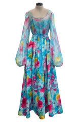 Prettiest 1970s Richilene Pastel Turquoise & Pink Floral Print Silk & Silk Chiffon Dress w Balloon Sleeves