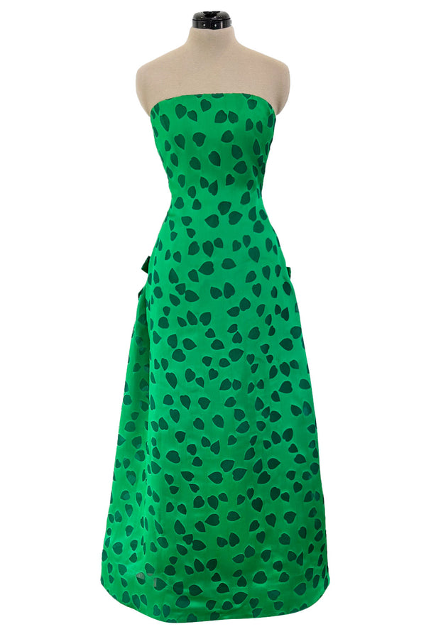 1980s Arnold Scaasi Brillaint Emerald Green Strapless Dress w Woven Heart Print & Bows