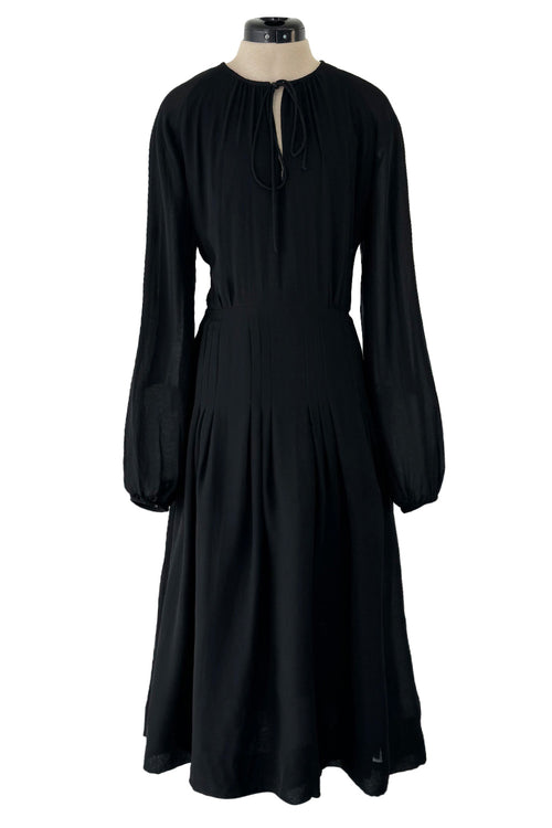 Classic 1970s Michael Novarese Black Silk Chiffon Dress w Balloon Sleeves & Pleating Details