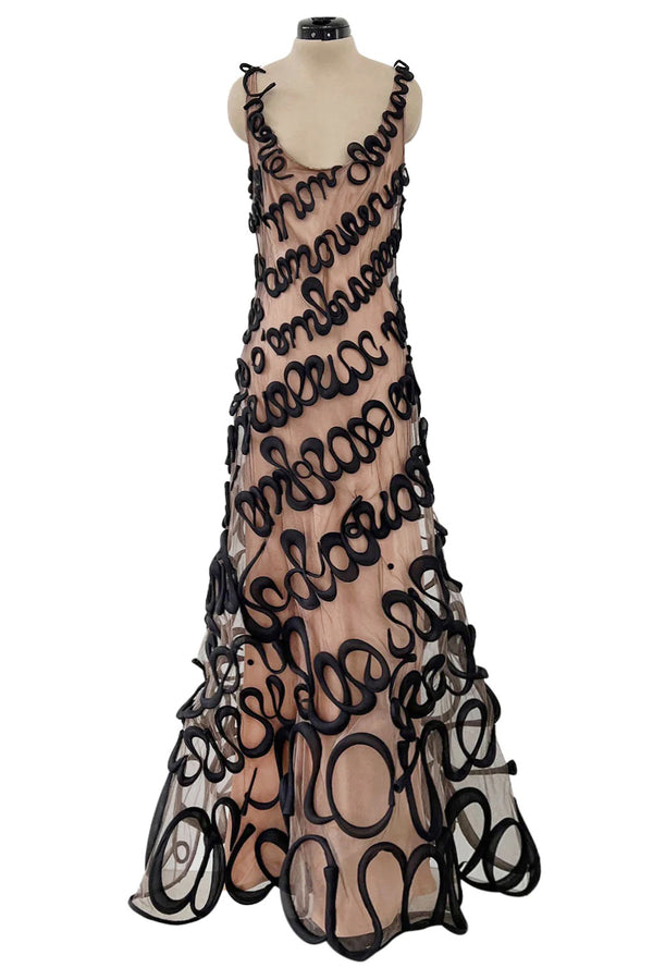 Exquisite Fall 2000 Jean Paul Gaultier Haute Couture Nude & Black Net 3D 'Script' Dress