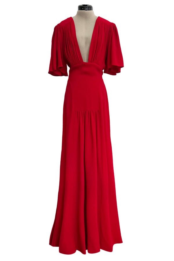 Fantastic Fall 1974 Ossie Clark Runway Documented Red Moss Crepe Dress w Plunging Front & Caped Sleeves