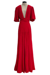 Fantastic Fall 1974 Ossie Clark Runway Documented Red Moss Crepe Dress w Plunging Front & Caped Sleeves