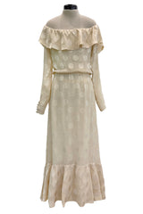 Amazing Fall 1973 Yves Saint Laurent Haute Couture Runway Off Shoulder Ivory Dress w Hand Applied Dots