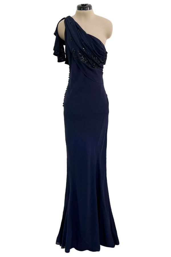 Spring 2008 Christian Dior by John Galliano Deep Blue Silk Chiffon One Shoulder Dress w Beading