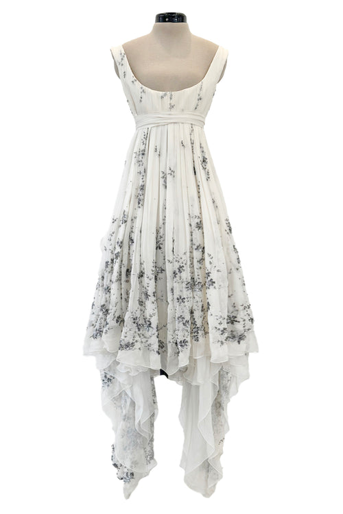 Important Fall 2003 Alexander McQueen 'Scanners" Runway Look 55 White Silk Corset Dress w Silver Sequins & Embroidery