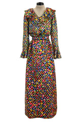 Numbered 1970s Christian Dior by Marc Bohan Demi-Couture Metallic Multi Color Silk Set