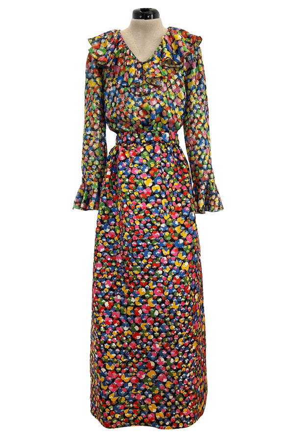 Numbered 1970s Christian Dior by Marc Bohan Demi-Couture Metallic Multi Color Silk Set