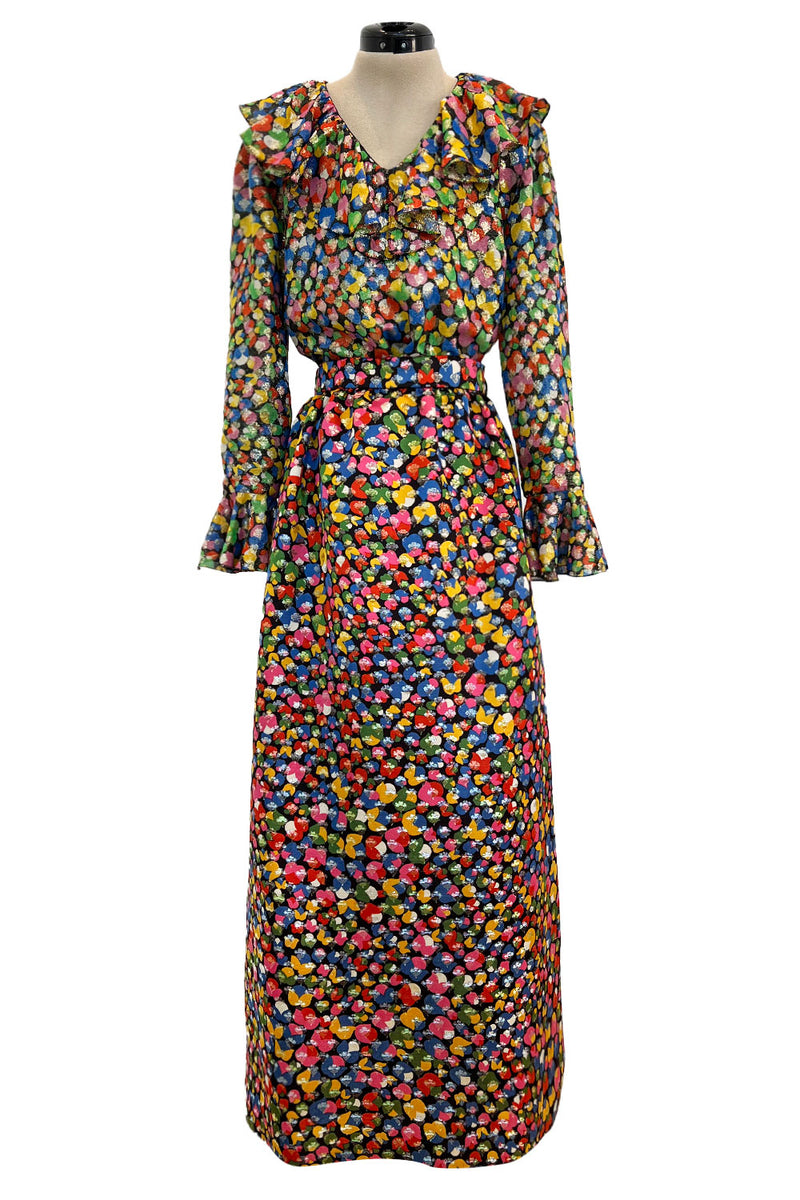 Numbered 1970s Christian Dior by Marc Bohan Demi-Couture Metallic Multi Color Silk Set