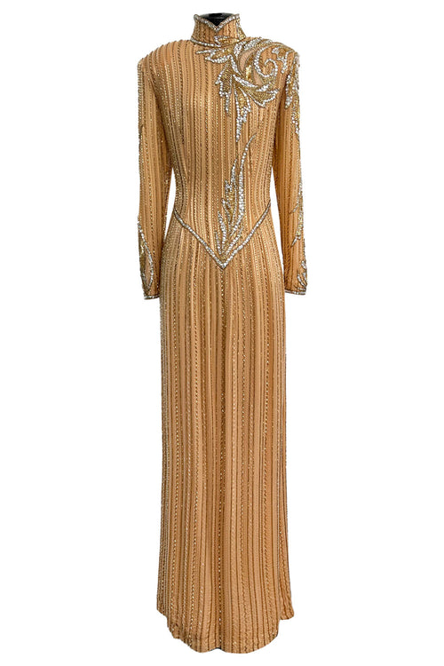 Incredible 1980s Bob Mackie Beaded, Sequin & Rhinestone Detailed Peach Silk Dress