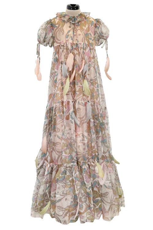 Phenomenal 1960s Gina Fratini Printed Tiered Baby Doll Maxi Dress w Poufed Cap Sleeves & Feather Details