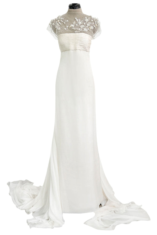Vintage Valentino White Silk Wedding Dress w Elaborate Trains, Pleating & Extensive Beading Detail