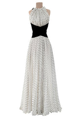Dreamy Spring 1987 Jacqueline de Ribes Runway & Ad Campaign Silk Chiffon Dot Dress w Black Velvet Bow Detailing