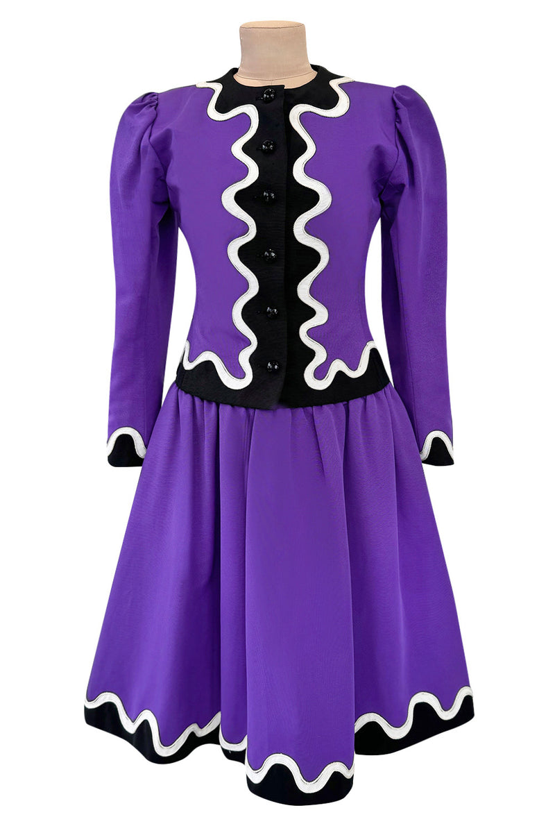 Spring 1980 Yves Saint Laurent  & Ad Campaign Runway Purple Dress & Jacket Set w B&W Detailing