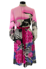 Romantic 1970s Hanae Mori Huge Pink Floral Print Silk Chiffon Dress w Grey Scale Backdrop