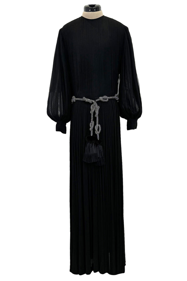 Gorgeous 1960s James Galanos Meticulously Pleated Black Silk Chiffon Dress w Elaborate Belt