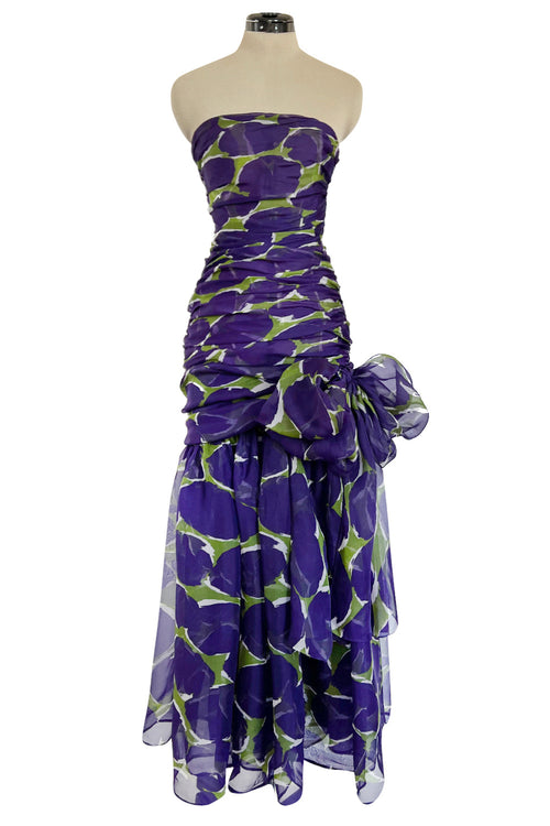 Exceptional Spring 1984 Yves Saint Laurent Runway Strapless Purple & Green Silk Organza Dress