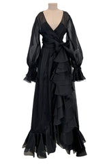 Chic 1970s Bill Blass Black Silk Organza Dress w Balloon Sleeves & Ruffle Detailed Full Skirt