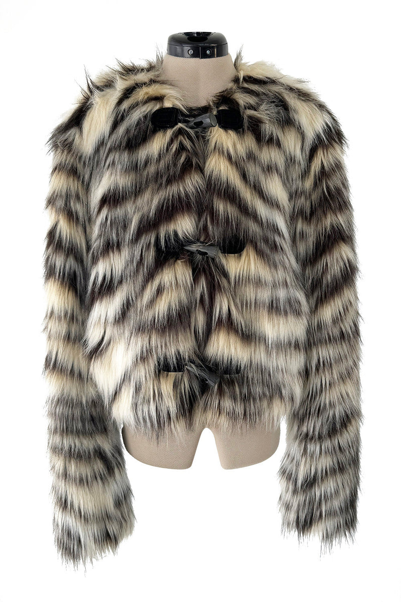 Fall 2015 Lanvin by Alber Elbaz Cropped Ivory & Black Shaggy Faux Fur Jacket w Toggle Closures