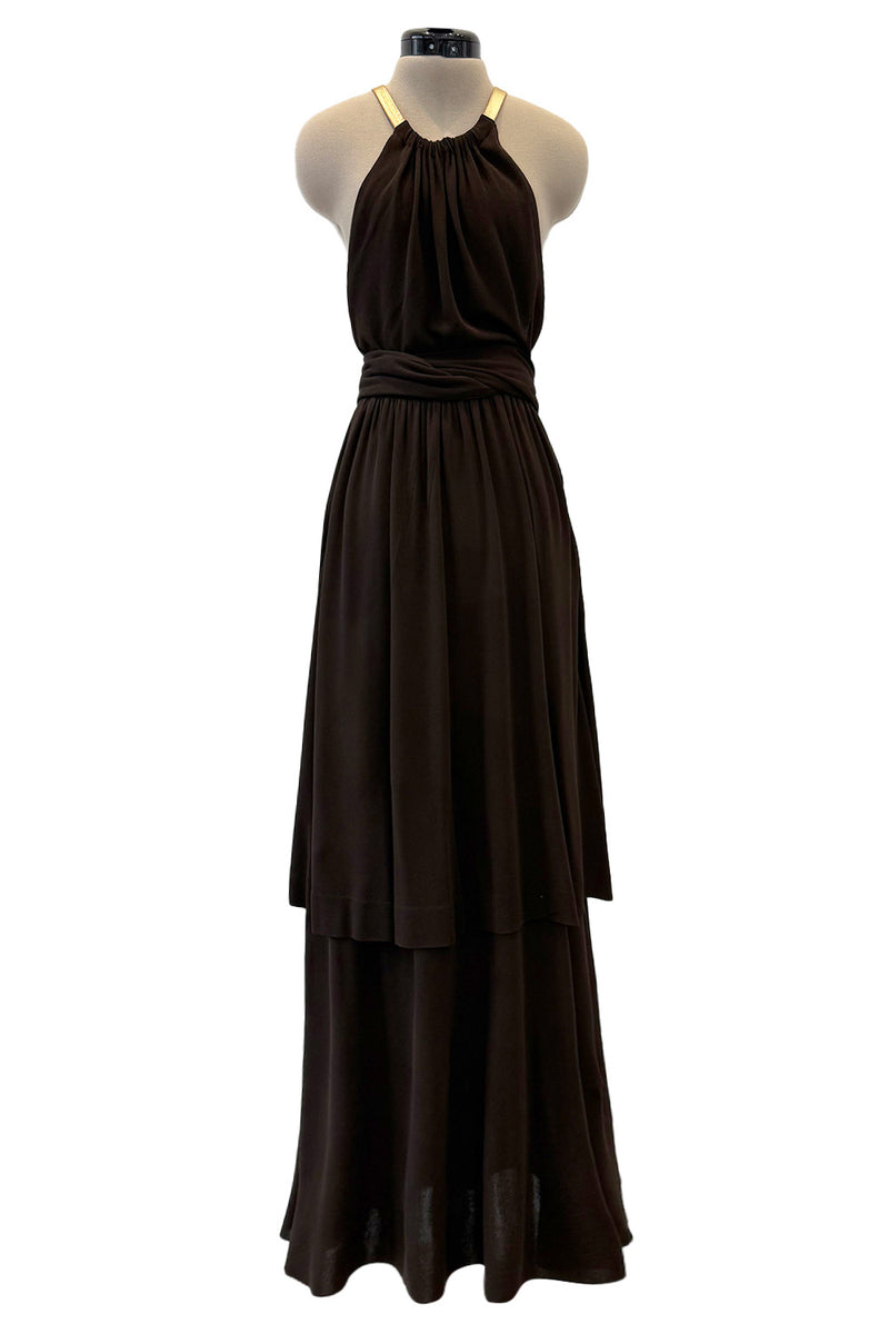 Fall 1975 Yves Saint Laurent Runway Brown Silk Jersey Backless Dress w Shrimpton Couture Fall 1975 Yves Saint Laurent Runway Brown Silk Jersey Backless Dress w Shrimpton Couture
