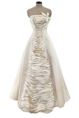 1950s Philip Hulitar Couture Strapless Gathered Front Champagne Ivory Silk Dress w Bow